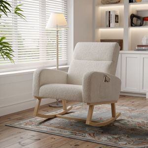Fortuna Lai - Fauteuil à Bascule, Rocking Chair avec Accoudoirs et Dossier, Pieds en Bois, Style Scandinave, en Sherpa Beige