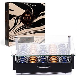 Peak Coffee Plateau Coulissant de Rangement Capsules Nespresso Vertuo, 45 Capsules - Structure en Verre et Métal Noir pour Dosettes Machines à Café Nespresso Vertuo - 36x37x8,5 cm