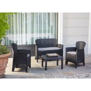 Set salon d'ext&eacute;rieur Dlinett, Salon de jardin compos&eacute; de 2 fauteuils, 1 canap&eacute; et 1 table basse, Coin salon effet rotin avec coussins, 100% Made in