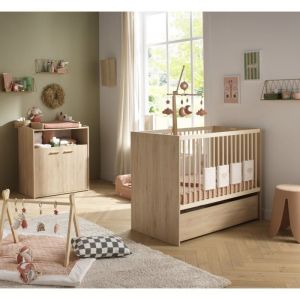 Sauthon Lit b&eacute;b&eacute; convertible Adele 120x60 cm avec commode 2 portes et niche h&ecirc;tre/cr&egrave;me
