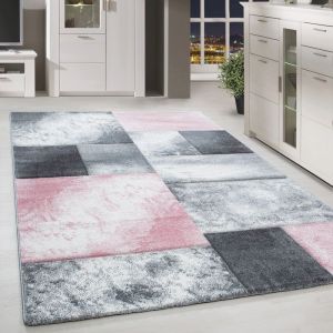 Homebyhome Tapis de salon Rose 120x170 cm, design à carreaux avec marbré, tapis sculpté à la main, tapis à poils courts