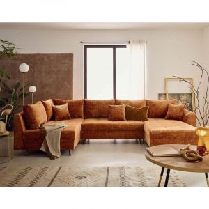 Canap&eacute; panoramique 7 places Angle gauche en Velours textur&eacute; Rouille