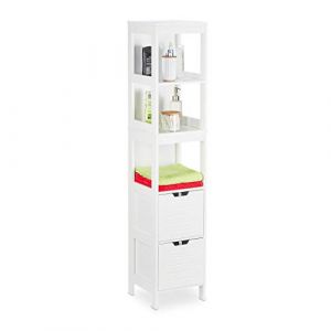 Relaxdays Armoire de Salle Bain, Style campagnard, HlP: 144 x 30 x 30 cm, 2 tiroirs, 3 Supports, Debout, étagère, Blanc
