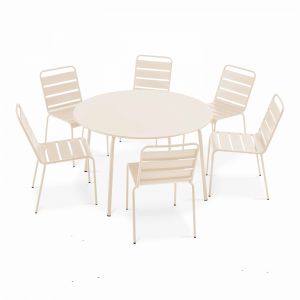 Oviala Ensemble table de jardin ronde et 6 chaises en m&eacute;tal ivoire 120 x 72 cm