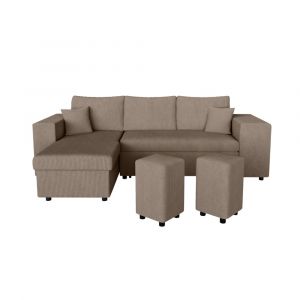 Loungitude Canapé convertible 2 poufs droit et étagère en velours côtelé - Taupe