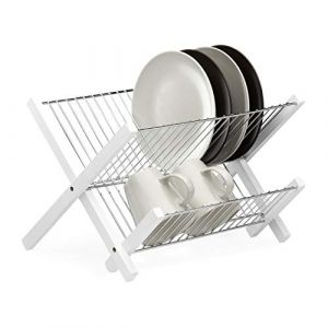 Relaxdays Égouttoir à vaisselle 2 étages, pliable, inox, bambou, assiette, tasse, HxlxP: 25,5 x 39 x 30 cm, blanc