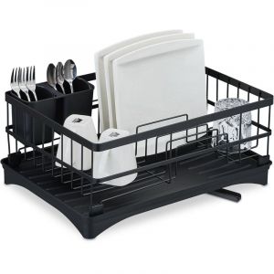 Relaxdays Égouttoir pour la Vaisselle (Assiettes, Tasses, Bols, etc), avec caniveau, HLP : 18 x 42 x 30 cm, Noir