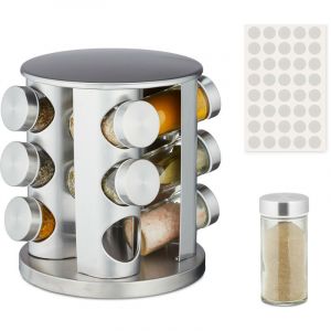 Relaxdays Tourniquet à épices, 12 Pots en Verre, chacun étant donné d’Un Embout tamiseur, Rotatif, 80 ML, argenté