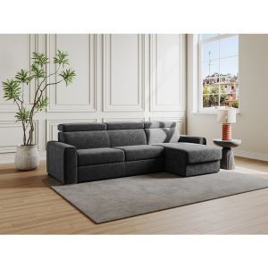 Canap&eacute; d'angle r&eacute;versible convertible express en velours c&ocirc;tel&eacute; gris anthracite - Couchage &agrave; lattes larges 160 cm - Matelas 14 cm - VIZIR