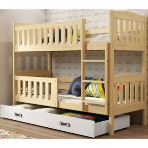 Lit superposé quba 90x190 Bois Massif, Pin, Barrière, Sommier, Tiroir,, Séparable en 2 lit (Pin+blanc)