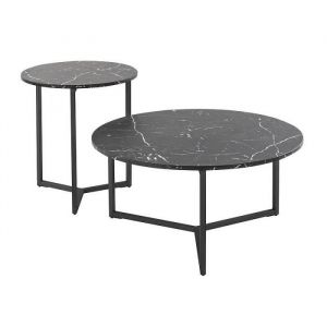 AC-Déco Tables basses - Tables gigognes en verre effet marbre - Noir - D 80 cm x H 40 cm