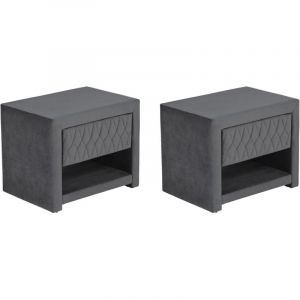 Lot de 2 tables de chevet - 1 tiroir et 1 niche - Tissu velours - Gris - DANIELE