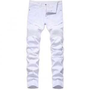 Jeans Blanc Moto Homme Droit 5 Poches Effet Plissé Et Délavé Pantalon En Jean Fashion Couleur Unie