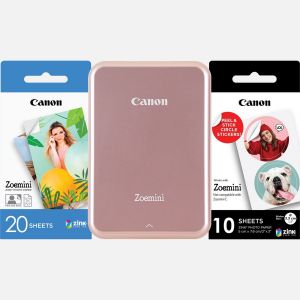 Image de Canon Imprimante photo couleur portable Zoemini, rose doré + papier photo 5 x 7,6 cm (20 feuilles) + autocollant rond (10 feuilles)