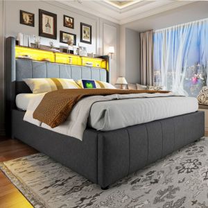 Modernluxe - Lit coffre de rangement capitonné en lin 160x200cm - avec led + prises - Gris