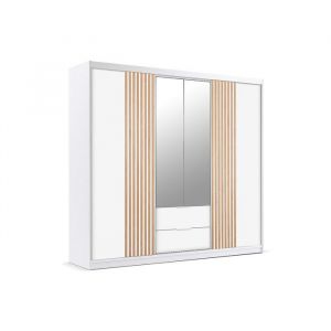 Armoire 4 portes et 2 tiroirs - Avec miroir - L250 cm - Blanc et naturel - SIDOVIA