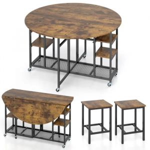 Costway Ensemble Table À Manger Pliante 3 Pièces Avec 2 Tabourets - Étagères De Rangement - 6 Roues Universelles
