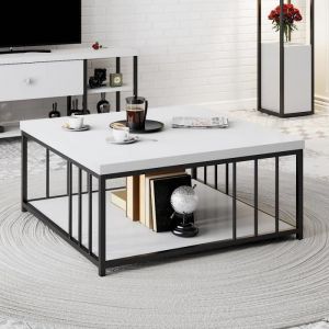 Menzzo Les Tendances - Table basse carrée bois blanc et métal noir Tonya 90cm