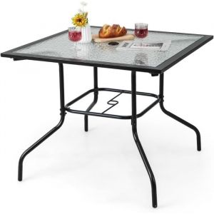 Table de Patio Carré avec Cadre en Métal et Plateau en Verre Trempé avec Trou pour Parasol pour Jardin Terrasse