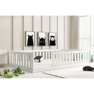 Lit enfant Bella 126x204 Dim. Matelas 120x200 Style Montessori – Au sol- Barrière de Sécurité - Sommier à Lattes- Bois Massif- Pin-Sans matelas