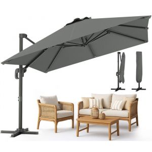 VOUNOT Parasol déporté carré premium 3x3M gris - 8 baleines - inclinable 6 positions - rotatif 360° - housse de protection