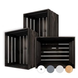 3 x Caisse de Rangement Vintage en Bois Noir - 50 x 40 x 30 cm