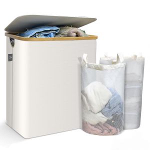 VOUNOT Panier a linge pliable 145L avec sac intérieur cadre bambou et couvercle beige