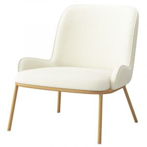 Alvin-fauteuil vintage en tissu boucl&eacute; ecru et m&eacute;tal ch&ecirc;ne