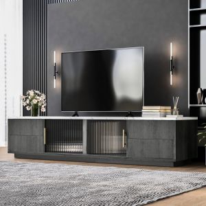 Meuble TV de luxe 160 cm pour t&eacute;l&eacute;viseur 70 pouces, Meuble TV el&eacute;gant pour salon, 2 portes vitr&eacute;es et 4 tiroirs, Noir et Gris