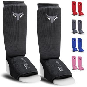Mytra Fusion Junior Protecteur Tibia-Cou-de-Pied Extensible Protege Tibia Boxe l&eacute;ger et rembourr&eacute; entra&icirc;nement prot&egrave;ge Tibia Muay Thai, Arts Martiaux et Protege Tibia MMA Enfant