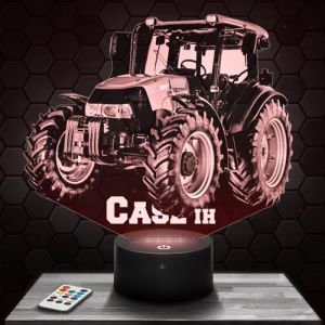 Lampe 3D - Tracteur Case IH - Jouet Miniature Cadeau Tracteur Case IH - Veilleuse Led Tactile avec socle au choix et t&eacute;l&eacute;commande
