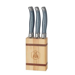 Laguiole Bloc de 6 Couteaux de Table - Bloc en Bois de Pin - Manches en Plastique - acier inoxydable - gris