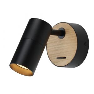 Applique LED de design industriel r&eacute;tro en acier/aluminium noir avec bois, spot orientable avec interrupteur "PORTO" GU10