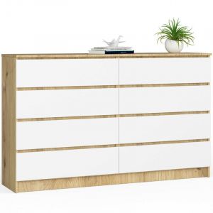 Grande Commode pour le salon akord K160 Chêne Artisan 160 cm 8 tiroirs façade Blanche 160x40x99 cm