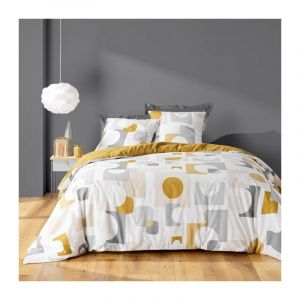 Douceur d'int&eacute;rieur, Parure 3 Pi&egrave;ces (240 x 220 cm) Geomelo Ocre, Polycoton Imprim&eacute;