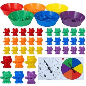Edx Education Sorting Bears with Matching Bowls - Early Math Manipulatives - 68pc Set - 60 Bear Counters, 6 Bowls & 2 Game Spinners -