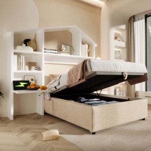 Lit coffre 90x200 cm, lit adulte avec biblioth&egrave;que blanche et prise USB, tissu en lin blanc, sans matelas(fond inclus)