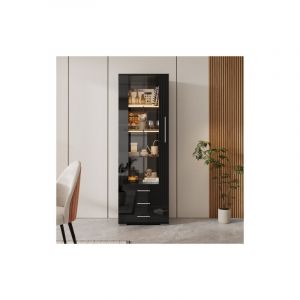 Okwish - Vitrine noire brillante en verre, meuble de rangement avec /clairage led et 3 tiroirs, 60x35x180 cm