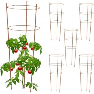 Relaxdays Tuteur à tomates en lot de 6, métal et plastique, hauteur : 76 cm, 3 anneaux réglables, pour plantes, marron