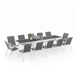 Idmarket Salon de jardin MADRID table extensible 135-270 CM et 12 chaises empilables blanc et gris - Blanc