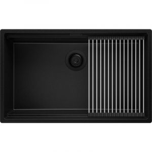 Primagran - Evier Cuisine en Granit 76x47 cm Lavabo 1 bac + Siphon Classique + égouttoir enroulable, Évier sous plan de Tout Noir