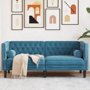 VidaXL Canapé Chesterfield avec traversins 2 places bleu velours
