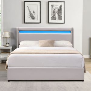 Lit coffre 140x200 dehoussable avec t&ecirc;te de lit LED - 12 lattes - montage rapide et facile - rev&ecirc;tement PVC simili facile d'entretien - design moderne - gain de place - chambre &eacute;l&eacute;gante - LIT CLEMENTINE GRIS
