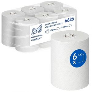 Scott Essuie-mains roulés extra-résistants Control 6626 - Essuie-mains en papier - 6 x rouleaux de 300 m d'essuie-mains en papier blanc (1 800 m au total)
