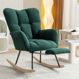 Fauteuil à bascule allaitement scandinave 80x98x98.5cm, rocking chair en en tissu Teddy avec repose-pieds extractible, vert