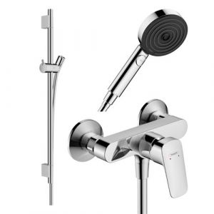 Hansgrohe Pack mitigeur douche mécanique Logis + Barre Unica S Puro + flexible + Pommeau Pulsify Select 3 jets chromé