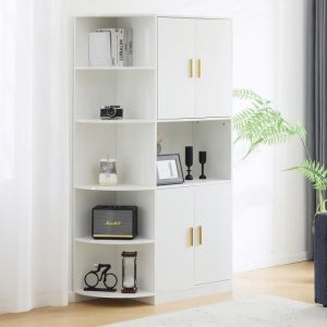 Fortuna Lai - Vitrine 100x40x180cm - Buffet de cuisine et polyvalent avec étagères d'angle flexibles - avec poignées dorées élégantes - Blanc
