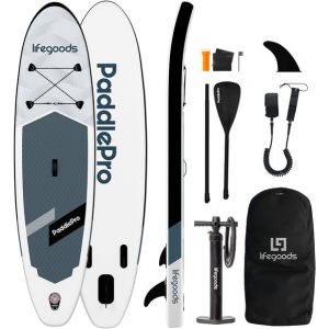 LifeGoods SUP Board All-round Compact - Capacité de charge 100 KG - 300 x 76 cm - Gonflable - Pack SUP complet - Blanc/Noir