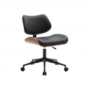 Sweeek Chaise de bureau à roulettes décor bois courbé placage effet noyer et simili cuir noir