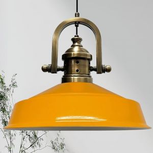 Suspension Industrielle en Métal Jaune Peint à la Main – Lustre Vintage E27 Ø41 cm pour Salon, Chambre ou Salle à Manger